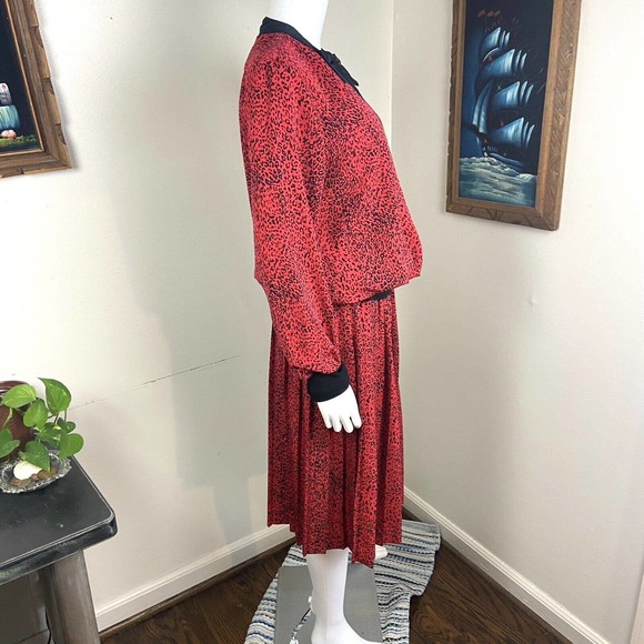 Vintage 80s Red Leopard Bow Secretary Midi Dress Pleated M Medium 1980s - Picture 6 of 10